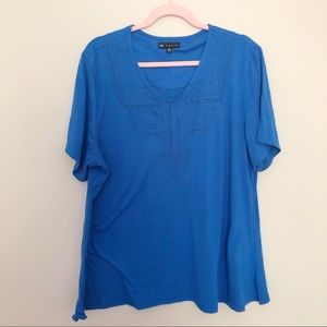 Blue Embroidered Front Top Fall Blouse 1x